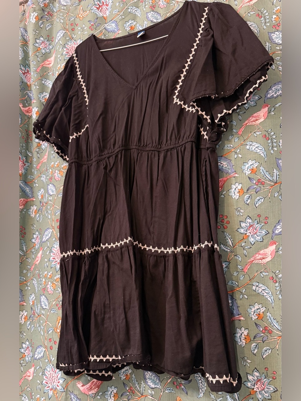 Old Navy Black V-Neck Embroidered Tiered Dress